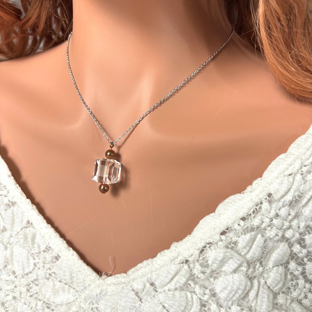 Geometric Crystal Bead Pendant Necklace Silver Tone Chain Retro Minimalist 21868